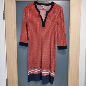Banana Republic Stretchy Shift Dress Coral Navy White Diamond Pattern Hem XS